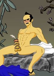 1boy abs absurd_res blush censored censored_anus censored_penis cum handsfree_ejaculation mostly_nude open_mouth outdoors penis rhythm_heaven rhythm_heaven_fever samurai solo