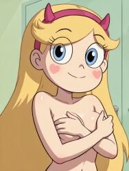 1girls ai_generated blonde_hair blue_eyes breasts covering_breasts disney disney_channel disney_xd female female_only long_hair looking_at_viewer nude pixai smile solo star_butterfly star_vs_the_forces_of_evil topless