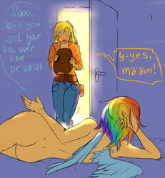 applejack_(mlp) ass blonde_hair blush color dialogue english_text female female_only friendship_is_magic human long_hair multicolored_hair multiple_girls my_little_pony nude on_side rainbow_dash_(mlp) schpog short_hair smooth_skin standing text wings yuri