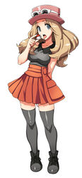 bare_shoulders black_legwear blonde_hair blue_eyes clothed_masturbation clothing denkishowgun discreet_vibrator female hat hips human human_only knees legs legwear long_hair masturbation miniskirt nintendo open_mouth pleated_skirt poke_ball pokemon pokemon_xy pussy_juice serena_(pokemon) serena_(pokemon_games) shiny shoes skindentation skirt sky sleeveless sleeveless_shirt smile solo stockings sunglasses sunglasses_on_head thighhighs tongue tongue_out vibrator vibrator_under_panties white_background wristband zettai_ryouiki