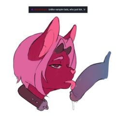 2021 ambiguous_gender anthro bat bodily_fluids collar corablue digital_media_(artwork) disembodied_penis duo genital_fluids genitals hair horn kullax licking male male/ambiguous mammal open_mouth oral penile penis penis_lick pink_hair precum purple_body red_body sex simple_background tongue tongue_out white_background