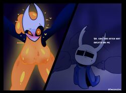 1boy 1girls big_breasts black_eyes breasts color comic dialogue english_text female female_focus heart heart-shaped_pupils hollow_knight hornet_(hollow_knight) looking_at_viewer male open_eyes pov standing text the_knight_(hollow_knight) thighs tweedleevil twitter_link