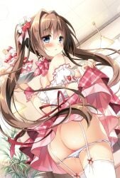 1girls ass blush breast breasts_out brown_hair exposed_breasts hair_ornament highres large_breasts long_hair maid maid_headdress maid_outfit maid_uniform melonbooks nipples original pan_(mimi) panties panties_down panty_pull parfait pussy_juice sideboob skirt_lift straight_hair tied_hair twintails wet