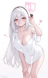 1girls bare_shoulders blue_archive blush bottomless breasts cleavage high_resolution highres kei_(blue_archive) large_breasts leaning leaning_forward long_hair looking_at_viewer no_bra no_panties origami0703 pink_eyes shirt shirt_only smile standing thighs white_hair
