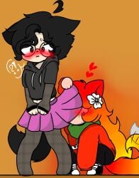 2boys androgynous animal_ears animal_tail blushing clothes curvy_male eyes femboy feminine_male glasses green_marking homosexual man milo_de_fuego red_ears red_eyes red_hair red_tail sitting skirt stationary wolf wolf_ears wolf_tail xerion yaoi
