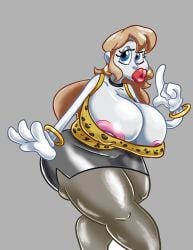 2d_(artwork) ass_bigger_than_head bimbo bimbo_lips blue_eyes breasts_bigger_than_head breasts_bigger_than_torso cartoon_gloves cartoony dirty_blonde_hair earrings hourglass_figure huge_ass huge_breasts jewlery leggings milf nipple_bulge red_lipstick rubberhose short_skirt thegreenthief visible_nipples white_skin