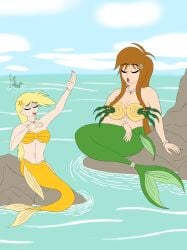 blonde_hair boulder brown_hair huge_breasts leanne_greenleaf mermaid mermay ocean rose_rozey singing small_breasts spark_knight two_girls