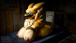 16:9 3d_(artwork) anthro arms_tied bandai_namco bdsm big_breasts blender_(artwork) blender_cycles_(artwork) bondage bound breast_bondage breast_squeeze breasts canid canine digimon digimon_(species) digital_media_(artwork) female fox gag gagged halter hands_behind_back harness_gag hi_res legs_tied mammal mattress muzzle_gag nipples nude nude_anthro nude_female renamon restraints rope rope_bondage rope_harness shed solo squeezing submissive submissive_anthro submissive_female sweet_hunter widescreen
