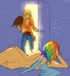 2girls applejack_(mlp) ass blonde_hair color dialogue english_text female female_only friendship_is_magic human humanized long_hair multiple_girls my_little_pony nude on_side presenting rainbow_dash_(mlp) schpog short_hair smooth_skin standing text uncensored wings yuri