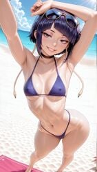 1girls ai_generated arm_above_head aviator_sunglasses beach beach_towel big_ass bikini black_eyes blue_bikini blue_sky cazaputas90 contrapposto eyewear_on_head foreshortening kyoka_jiro looking_at_viewer my_hero_academia ocean outstretched_arm purple_hair reaching_towards_viewer sand selfie short_hair small_breasts smirk smug solo solo_female standing sun sunglasses thick_thighs thong towel
