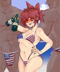 1girls 2boys beach beer beer_bottle bikini blue_eyes breasts clothed clothing color female female_focus human human_only light_skin looking_at_viewer male medium_breasts open_eyes open_mouth open_smile original original_character outdoors red_hair smile standing thighs twistedtendril twitter_link