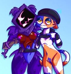 2girls boobs cat_ears cat_tail catgirl comparing_breasts dark_skin epic_games flat_chest fortnite fortnite:_battle_royale furry large_breasts meow_skulls meow_skulls_(fortnite) pierced_belly_button pierced_ears pierced_nipples piercing pulled_up_shirt purple_nipples raven_team_leader raven_team_leader_(fortnite) ripped_clothing small_breasts thin_female trishablehh