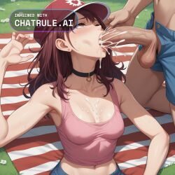 1girl ai_assisted ai_generated alternate_hairstyle bare_shoulders barefeet big_testicles blue_shorts breasts_apart breasts_out casual choker cleavage clenched_toes cum cum_explosion cum_overflow cumming curvy_body deepthroat denim_shorts detailed_face detailed_feet drooling full_body hair_down hat hourglass_body indian_style kujikawa_rise living_room midriff narrow_waist navel on_grass persona_4 pink_tank_top saliva saliva_drip shorts sitting_on_floor small_breasts soft_breasts soles sound_effect source_anime sweating t_shirt tank_top thick_cum throat_bulge throat_fuck topless view_from_below wide_hips