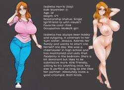 ai_generated ai_jago_dibuja biography blue_eyes character_bio character_profile clothed_female clothed_female_nude_female female female_focus female_only freckles freckles_on_face ginger_hair hand_behind_head huge_breasts isabella_harris jeans looking_at_viewer lore nipples nude nude_female pinup pubic_hair shirt simple_background smile smile_at_viewer standing text