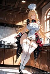 1girl ahoge ai_assisted ai_generated bangs blonde_hair blue_eyes blush breasts cleavage crossed_legs curvaceous curvy curvy_female curvy_figure dress escoffier_(genshin_impact) eyebrows_visible_through_hair female flower garter_straps genshin_impact gloves hair_ornament indoors large_breasts long_hair looking_at_viewer miyuai sitting smile solo thick thick_ass thick_butt thick_hips thick_legs thick_thighs thighhighs thighs very_long_hair voluptuous voluptuous_female white_legwear wide_hips wide_thighs
