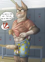 absurd_res anthro bedroom_eyes bench blush bodily_fluids boxers_(clothing) canid canine canis clothing dobermann domestic_dog english_text eyewear gay genitals glasses hi_res homosexual homosexual_male humanoid_genitalia humanoid_penis locker_room male male/male male_focus male_only male_penetrating mammal motion_lines mouldirou muscular muscular_anthro narrowed_eyes nipples penis pinscher pointy_ears seductive shirt solo sweat sweatdrop tail tail_motion tailwag text throbbing throbbing_penis topwear underwear wearing_glasses wet wet_clothing wet_shirt wet_topwear