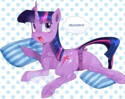 absurd_res animal_genitalia animal_vulva anus back_wings cutie_mark digital_media_(artwork) equid equine equine_anus equine_genitalia equine_vulva female feral flash_sentry_(mlp) folded_wings friendship_is_magic fur genitals glistening glistening_body glistening_eyes glistening_skin happy hasbro hi_res hooves horse horse_tail kuwato4eba mammal my_little_pony pillow pony puffy_anus purple_body purple_eyes purple_fur relaxed_expression solo speech_bubble tail twilight_sparkle_(mlp) vulva wings