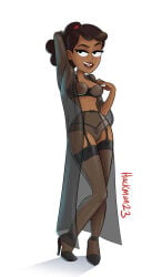arm_behind_head beckett_mariner black_panties bra dark_skinned_female female garter_belt hackman lingerie looking_at_viewer panties sheer_robe solo star_trek star_trek_lower_decks stockings transparent_clothing vintage_clothing