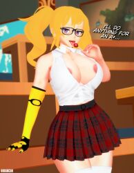 1girls arrancon blonde_female blonde_hair glasses licking_lollipop no_bra purple_eyes robotic_arm rwby school_uniform schoolgirl schoolgirl_uniform solo_female twintails yang_xiao_long