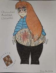 1girls artist_logo ass ass_focus ass_out big_ass celeste_(game) checkerchocolate_(artist) jacket looking_at_viewer looking_back madeline_(celeste) pants_down red_hair shaking_ass showing_off showing_off_ass spank_marks tagme traditional_art traditional_media_(artwork)