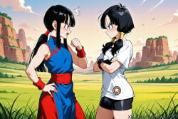 2boys ai_generated bangs bike_shorts black_hair black_shorts blue_dress blue_eyes blush bulge chi-chi_(dragon_ball) chichi china_dress chinese_clothes clenched_hand cloud cloudy_sky crossed_arms day dragon_ball dragon_ball_z dress femboy genderswap genderswap_(ftm) grass hair_tie hand_on_hip long_hair looking_at_another low_twintails male mountain open_mouth outdoors ponytail profile shirt short_sleeves shorts sky sleeveless standing sweatdrop tehmar trans_woman transfem trap tree twintails videl white_shirt wristband