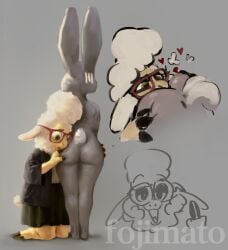 anal anthro biped bottomwear bovid butt butt_sniffing caprine clothed clothed_anthro clothed_female clothing dawn_bellwether disney domestic_sheep duo ears_up european_rabbit eyewear facing_away_from_viewer female female/female female_anthro fingers floppy_ears fojimato fur gesture glasses green_eyes hand_gesture hi_res hooved_fingers hooves judy_hopps kneeling lagomorph leporid looking_at_viewer looking_away mammal middle_finger nude nude_anthro nude_female oral oryctolagus rabbit rabbit_ears rear_view rimming sex sheep skirt smile sniffing standing touching_butt wool_(fur) zootopia