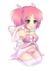 big_breasts breasts chibi fairy female female_only green_eyes huniepop kneeling kyu_sugardust panties pink_hair pink_panties solo thick_thighs thigh_highs thighhighs thighs white_thighhighs winged wings