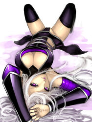 1girls 2013 breasts cameltoe cleavage detached_sleeves down_blouse eyelashes female female_only highres knees_apart knees_up kumiko_(aleron) large_breasts league_of_legends lipstick long_hair makeup on_back purple_eyes purple_legwear silver_hair solo syndra thighhighs vambraces very_long_hair