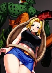 android_18 blonde_hair blue_eyes blush breasts cell_(dragon_ball) cleavage dragon_ball dragon_ball_z ishimiso_(ishimura) large_breasts microskirt open_mouth panties semi-perfect_cell shirt short_hair skirt slime sweat tail tail_vore vore x-ray