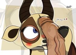 1boy 1girls anthro antlers black_nose blue_eyes blush dreamworks duo ebvert english_text erection female furry heart hoofjob_(forelimbs) hooves horn horns kung_fu_panda male ming_(kung_fu_panda) penis po sex simple_background straight text vein