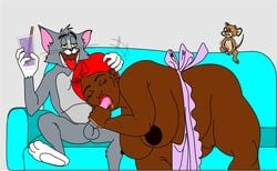 1girls breasts cat dark-skinned_female dark_skin fellatio human interspecies jerry_mouse mammy mammy_two_shoes mouse nipples oral penis pussy straight tom_and_jerry tom_cat tongue tongue_out