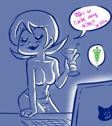 1girls alcohol black_lipstick breasts calliope_(homestuck) closed_eyes crablouse dialogue drunk english_text female female_only homestuck laptop ms_paint_adventures nipples roxy_lalonde short_hair solo solo_female speech_bubble text topless webcomic