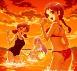 3girls ass athena_(saint_seiya) beach beach_ball bikini breasts female human long_hair looking_at_viewer miho_(saint_seiya) one-piece_swimsuit purple_hair saint_seiya saori_kido shounen_jump shunrei sunset swimsuit trio twintails water