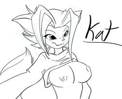 anthro areola breasts cat character_name clothing dogmaf eyelashes feline female female_only furry kat_vance large_breasts monochrome nipples sequential_art shirt_lift short_hair simple_background sketch solo tail webcomic white_background