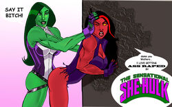 2d 2girls big_breasts black_hair dialogue female female_only femdom forced_yuri green-skinned_female green_eyes green_hair green_skin hair_streak hulk_(series) humiliation leotard lezdom marvel marvel_comics mrfuzzynutz multiple_girls red-skinned_female red_she-hulk red_skin she-hulk speech_bubble strap-on torn_clothing torn_leotard yellow_eyes yuri