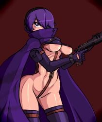 areola_slip arm_pouch arm_strap bow breasts cameltoe cloak crotch_strap gloves gun headgear holding holding_gun holding_pistol holding_weapon martyr_(the_citadel) matching_hair/eyes medium_breasts navel pouch purple_cloak purple_eyes purple_gloves purple_hair purple_shirt purple_thighhighs pussy red_bow shirt simple_background strapless the_citadel the_martyr thigh_strap thighhighs tube_top weapon