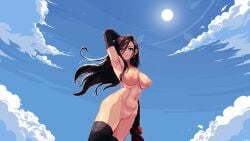 breasts brown_hair clouds earrings female female_only final_fantasy final_fantasy_vii floating_hair gloves hair_between_eyes hand_up itzah jewelry looking_at_viewer navel nipples nude nude_female outdoors pixel_art puffy_nipples red_eyes sky smile solo sun thighhighs tifa_lockhart vagina wink