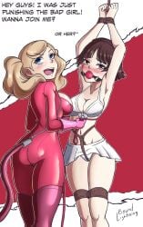 2d 2d_(artwork) ann_takamaki atlus bad_girl ball_gag bikini bondage bound boundlightning catsuit dominant dominant_female domination female female_focus female_only femsub gag head_tilt human human_only humiliated humiliating humiliation light-skinned_female light_skin looking_at_viewer makoto_niijima persona persona_5 phantom_thief_suit punishment text