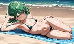 ai_generated bare_thighs bikini boob_equality curvaceous curvy_female green_eyes green_hair huge_thighs light-skinned_female light_skin looking_at_viewer one-punch_man short_hair small_breasts solo_female squatting sweat sweatdrop tatsumaki thick_thighs thighs