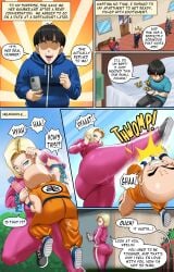 1girls 2boys android_18 ass blonde_hair blue_eyes breasts cameltoe comic dragon_ball dragon_ball_z english_text female fight krillin large_ass large_breasts light-skinned_female light_skin pinkpawg text