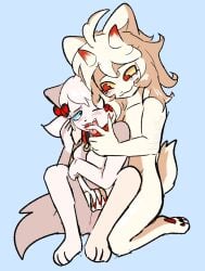 anthro anthro_on_anthro bloowolfy domestic_cat duo felid feline felis female fur hi_res male male/female mammal mar_(bloowolfy) mouth_play smile tan_body tan_fur white_body white_fur