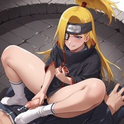 1boy ai_generated akatsuki_(naruto) blonde_hair blush cloak cloud_print deidara erected erection femboy male male_only naruto naruto_(series) naruto_shippuden penis ponytail small_penis solo spread_legs thick thick_thighs thighs