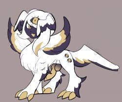 2023 absol animal_genitalia animal_penis bloowolfy brown_background canine_genitalia canine_penis feral full-length_portrait fur generation_3_pokemon genitals hi_res knot male nintendo open_mouth open_smile penis pokemon pokemon_(species) portrait simple_background smile solo white_body white_fur