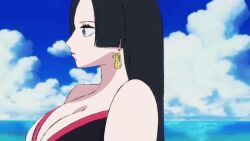 1girls animated black_hair blue_eyes boa_hancock clothing female female_only gigantic_breasts indianasouf looking_at_viewer one_piece