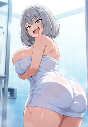 ai_generated blue_eyes huge_breasts shoulder_length_hair shower silver_hair teamrocktgrl tejina_senpai tejina_senpai_(character) tejina_senpai_(series) thick_thighs towel towel_only