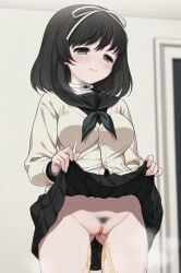 1girls ai_generated ass_visible_through_thighs bangs black_hair black_sailor_collar black_serafuku black_shirt black_skirt blush breasts cardigan closed_mouth clothes_lift collar comfyui cowboy_shot embarrassed euphoria_(clockup) female female female_only female_pubic_hair grey_eyes hair_ribbon half-closed_eyes hokari_kanae illustrious_(stable_diffusion) indoors large_breasts lifted_by_self long_sleeves milua neckerchief no_panties peeing pleated_skirt pubic_hair pussy ribbon sailor_collar school_uniform self_upload serafuku shirt short_hair skirt skirt_lift solo solo_female standing sweat uncensored urine white_collar white_ribbon