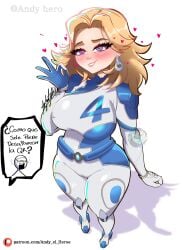 andy_hero blonde_hair blue_eyes bodysuit fantastic_four heart_eyes hearts_around_head invisible_woman invisible_woman_(marvel_rivals) large_breasts looking_at_viewer marvel marvel_rivals salute skin_tight spanish_text sue_storm white_bodysuit wide_hips