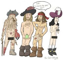 4boys apple captain_hook censor_bar censored convenient_censoring crab_claw davy_jones disney facial_hair hat headband hector_barbossa hook jack_sparrow male_only map naked_footwear nude peter_pan_(disney) pipe pirates_of_the_caribbean pointless_censoring starfish tentacle_face uncensor_request what