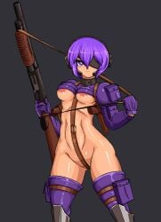 areola_slip arm_pouch armor breasts closed_mouth crotch_strap female female_focus gloves gluteal_fold greaves gun hair_between_eyes headgear holding holding_gun holding_weapon looking_at_viewer martyr_(the_citadel) matching_hair/eyes medium_breasts one_eye_covered pouch purple_eyes purple_gloves purple_hair purple_thighhighs solo solo_focus strapless the_citadel the_martyr thigh_pouch thigh_strap thighhighs tube_top weapon