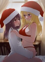 2girls ass ass_grab big_ass big_breasts blonde_female blonde_hair breast brown_eyes brown_hair christmas christmas_hat clothed clothed_female couple couple_(romantic) girlfriend hair hat headwear hi_res highres light-skinned_female light_skin long_hair long_sleeves maribel_hearn mostly_nude on_lap purple_eyes ramie_(ramie541) renko_usami touhou